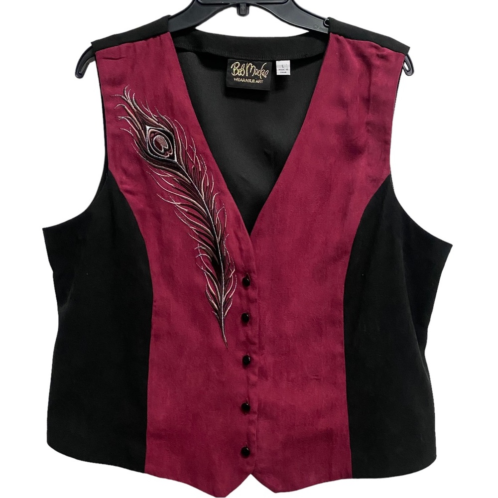 Bob Mackie Large Embroidered Feather‎ Artsy Design Button Down Black Pink Vest
